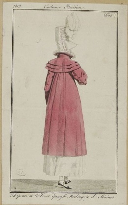 1813 Bonnet of untrimmed velvet, Redingote of Merino