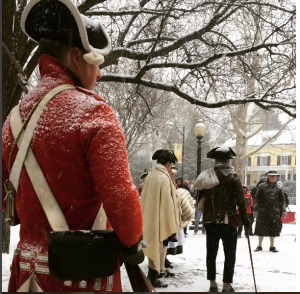 Quakers and citizens, surrounded by occupying troops, listen to the officer's exhortations. From instagram @thebentspoon